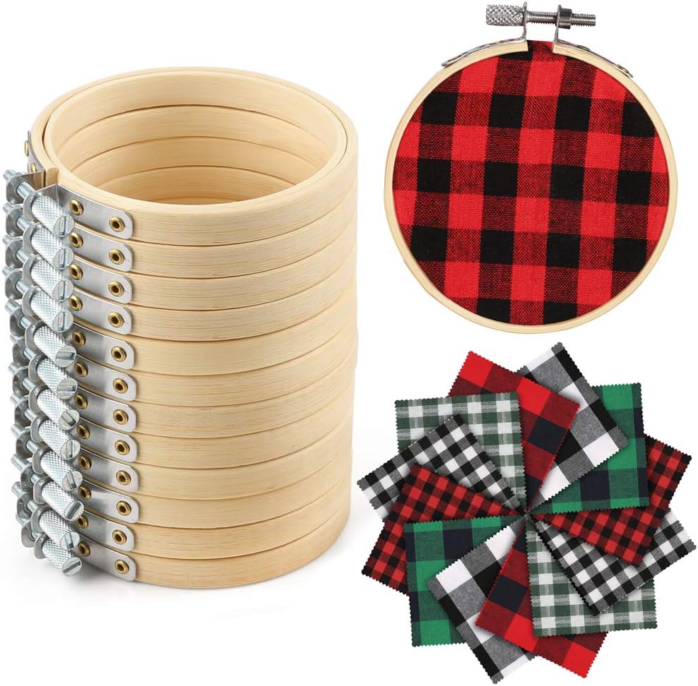 12 Pieces Christmas Ornament Kit Including 3 Inch Embroidery Hoops and 5 Inch Squares Plaid Fabric for Christmas Decorations