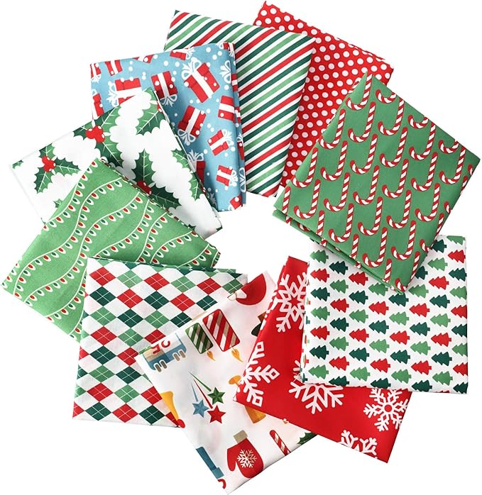 10 Pieces Christmas Cotton Fabric Squares Precut Quilting Fabric Patchwork Christmas Snowflake Print Red Green Fabric for Xmas Sewing Crafting DIY Supplies (25 x 25 cm/ 9.84 x 9.84 Inch)