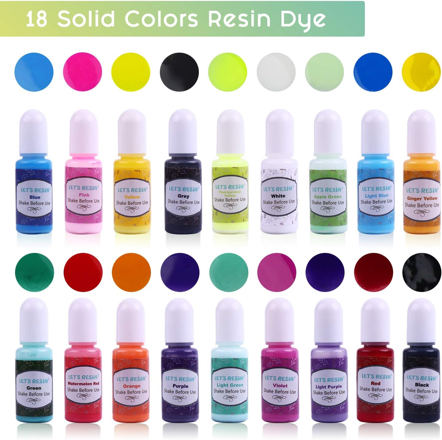 LET’S Resin 18 Colors Epoxy Pigment, Opaque Liquid Resin Colorant Each 0.35oz,Odorless Epoxy Resin Dye Solid Color Liquid Dye for Resin Jewelry DIY Crafts Art Making