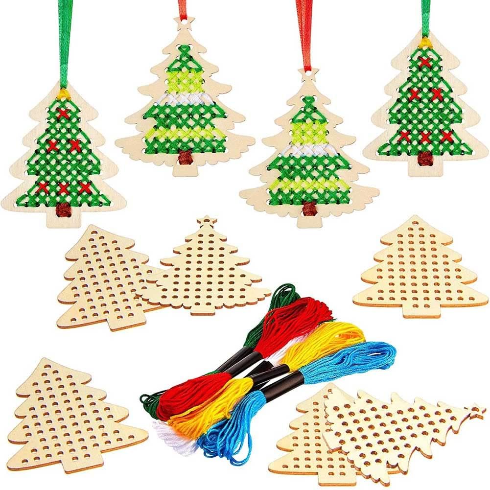 10 pcs Christmas Wooden Cross Stitch Kits Cross Stitch Wood Ornaments Christmas Hanging Decors Craft Christmas Decorations for Christmas Tree Decoration Supplies (Tree Style)