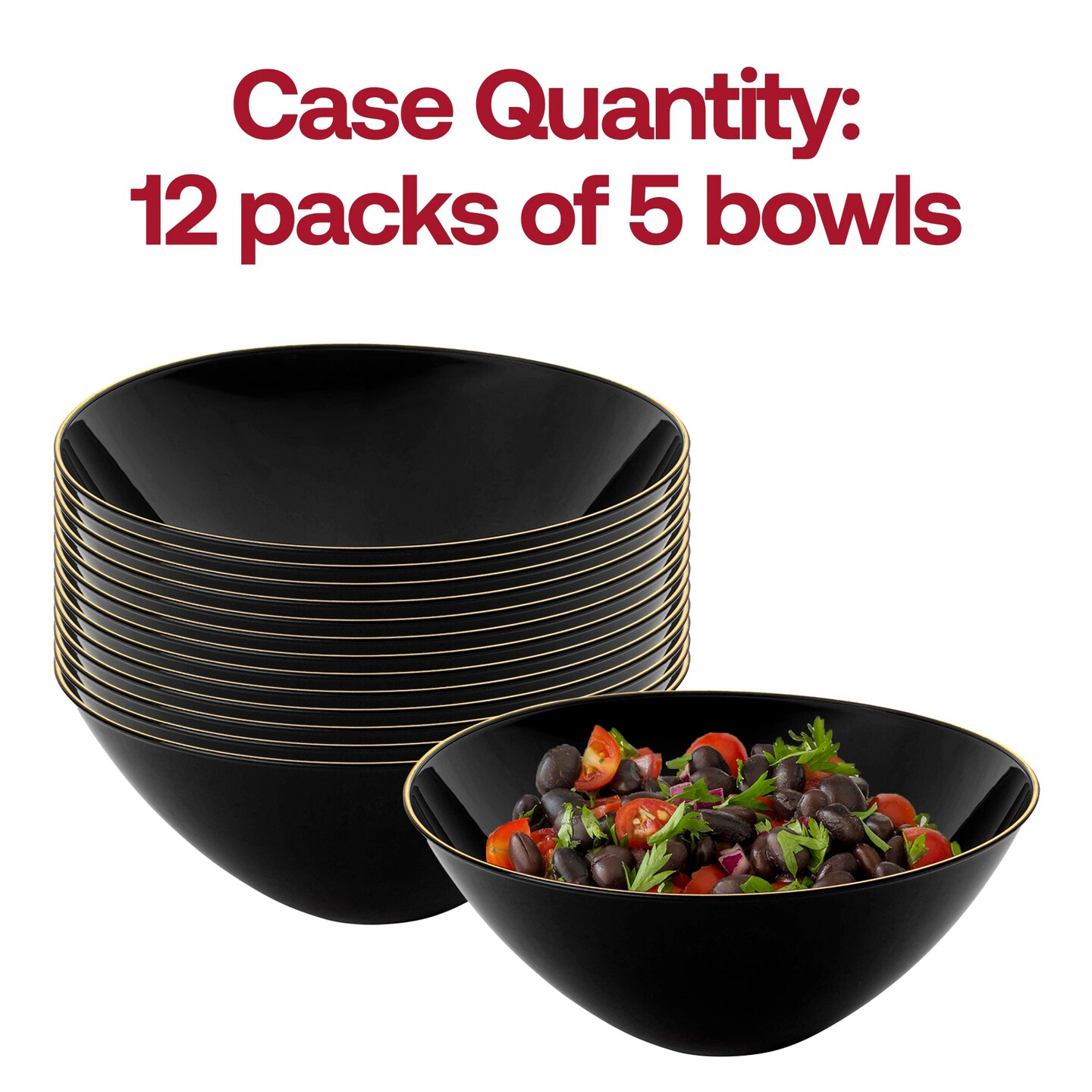 Black with Gold Rim Organic Round Disposable Plastic Bowls - 32 oz. (60 Bowls)