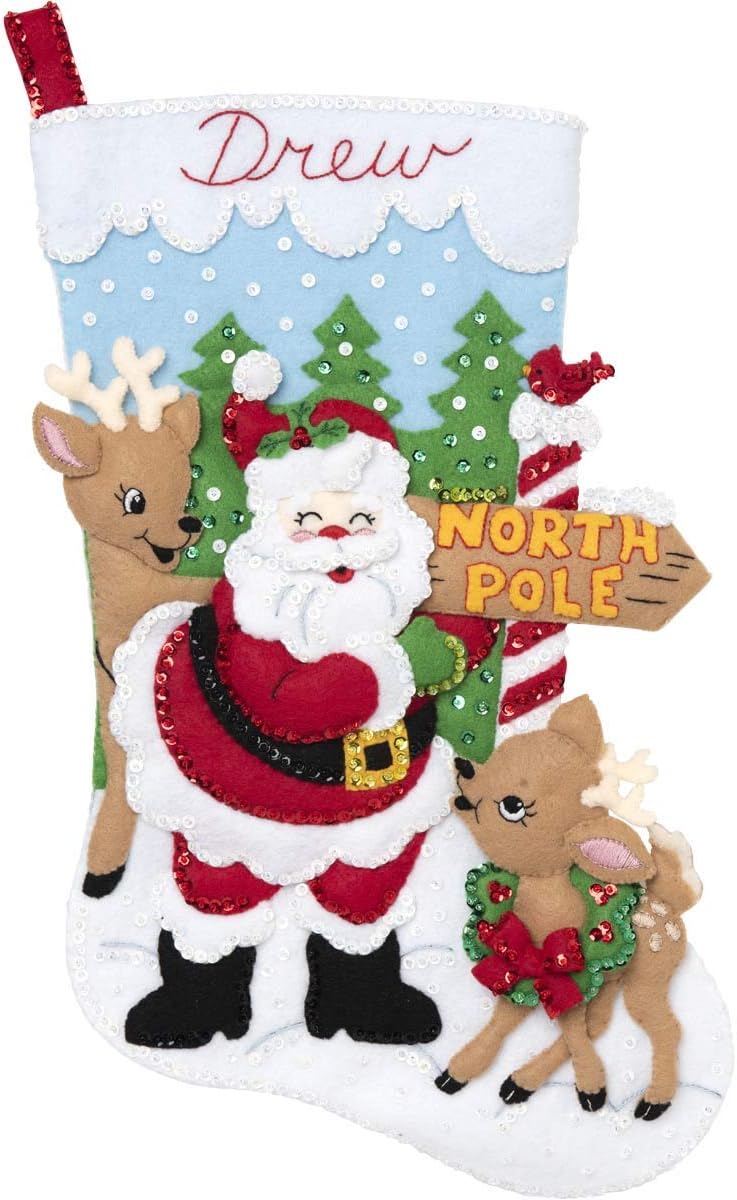 Felt Applique Christmas Stocking Kit, 18&#x22;, North Pole Santa