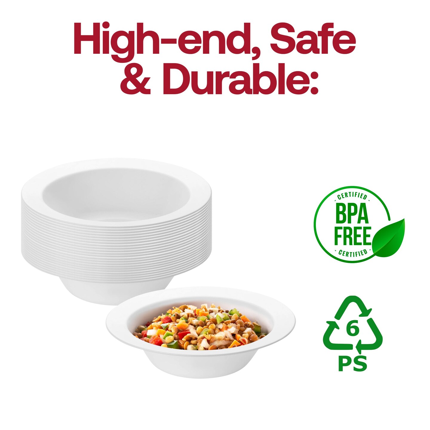 Solid White Edge Rim Round Disposable Plastic Soup Bowls - 12 oz. (120 Bowls)