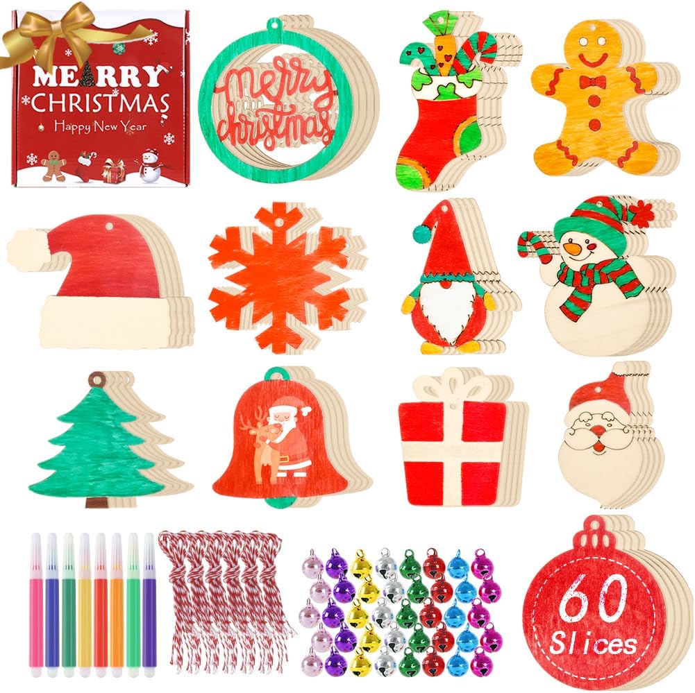 60pcs Wooden Christmas Ornaments, Unfinished Wood Ornaments with 12 Styles, DIY Christmas Ornaments Kits with Bells, Colored Pens and Ropes, Unfinished Wood Crafts for Kids and Adults