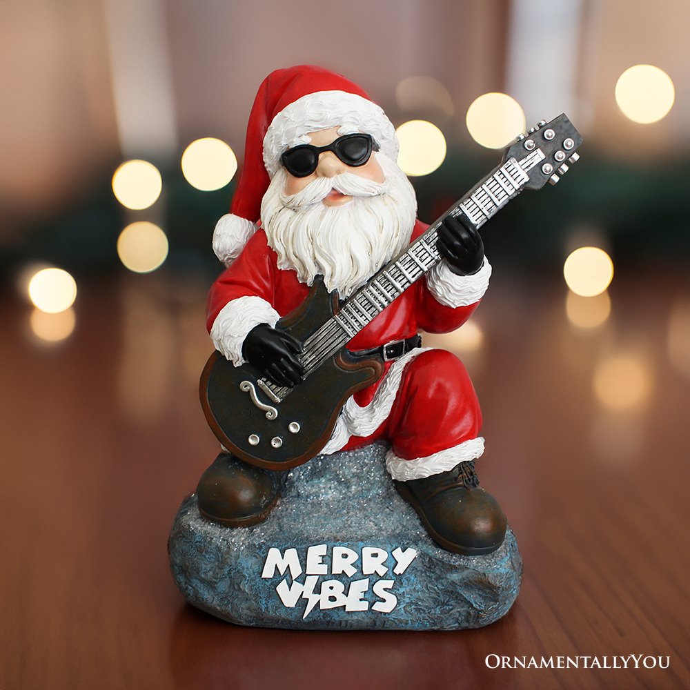 Merry Vibes Rockstar Santa Christmas Figurine, 10&#x22; Rock n Roll Lover Gift Garden Statue