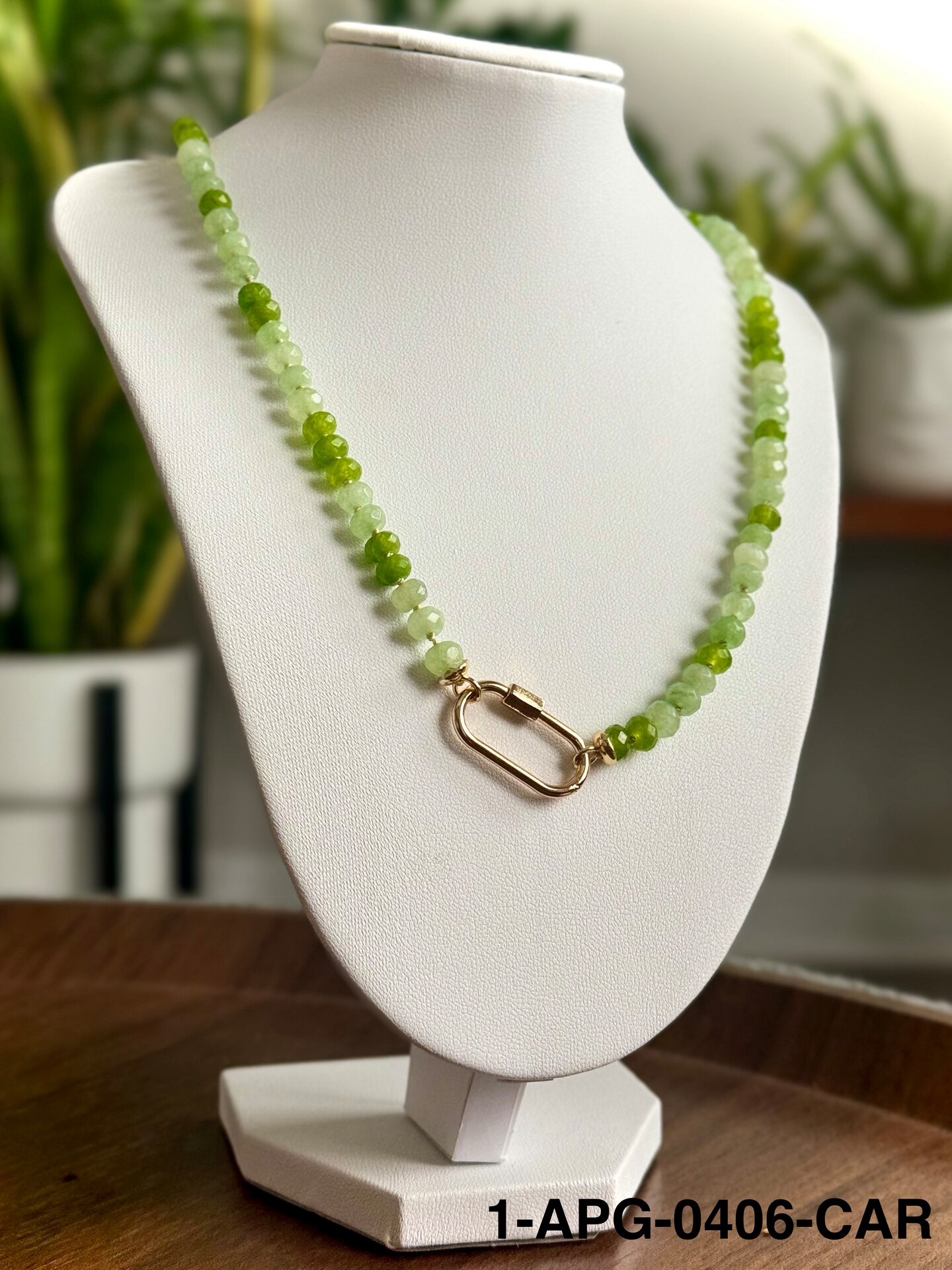 Jade 4x6mm Beaded Necklace with Gold Tone Carabiner Clasp