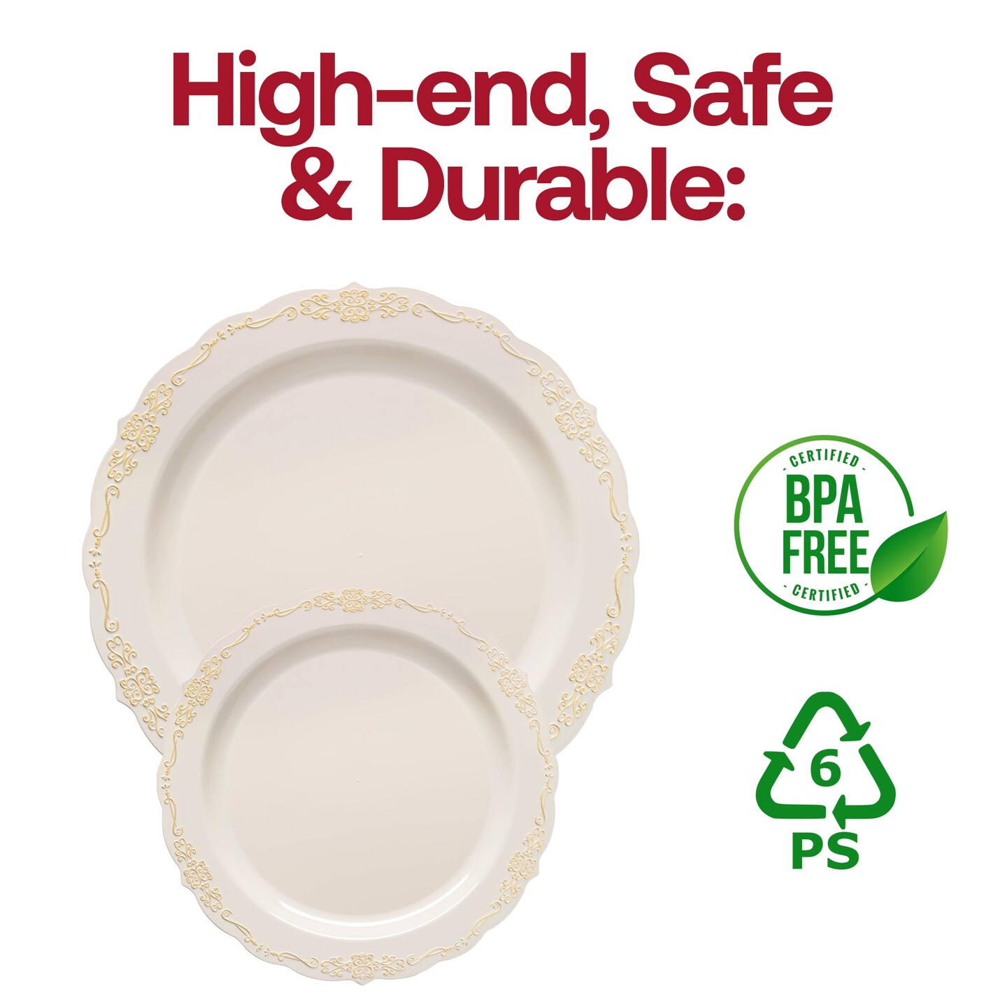 Ivory with Gold Vintage Rim Round Disposable Plastic Dinner Plates - 10&#x22; (120 Plates)