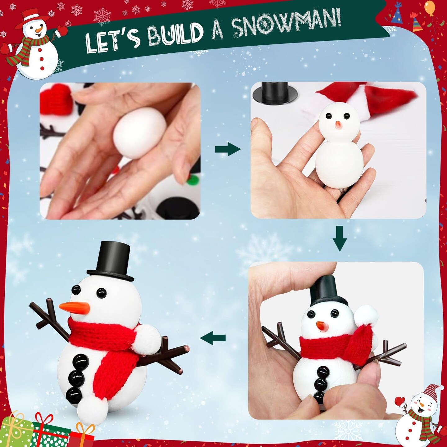 12Pack Build a Snowman Kit, Molding Clay Snowman Kit, Christmas DIY Crafts for Kids, Perfect for Winter Holiday Parties, Christmas Stocking Stuffers for Kids - Xmas Gift!