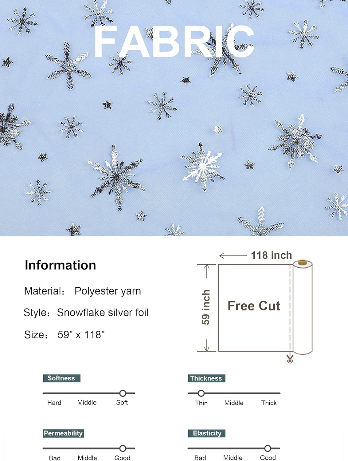 Sheer Fabric, Snowflake Silver Foil Organza Fabric, Snowflake Tablecloth Birthday Party Supplies Party Decorations, Christmas Tree Skirt Christmas Decorations Clearance (59&#x22; x 118&#x22;, Blue)