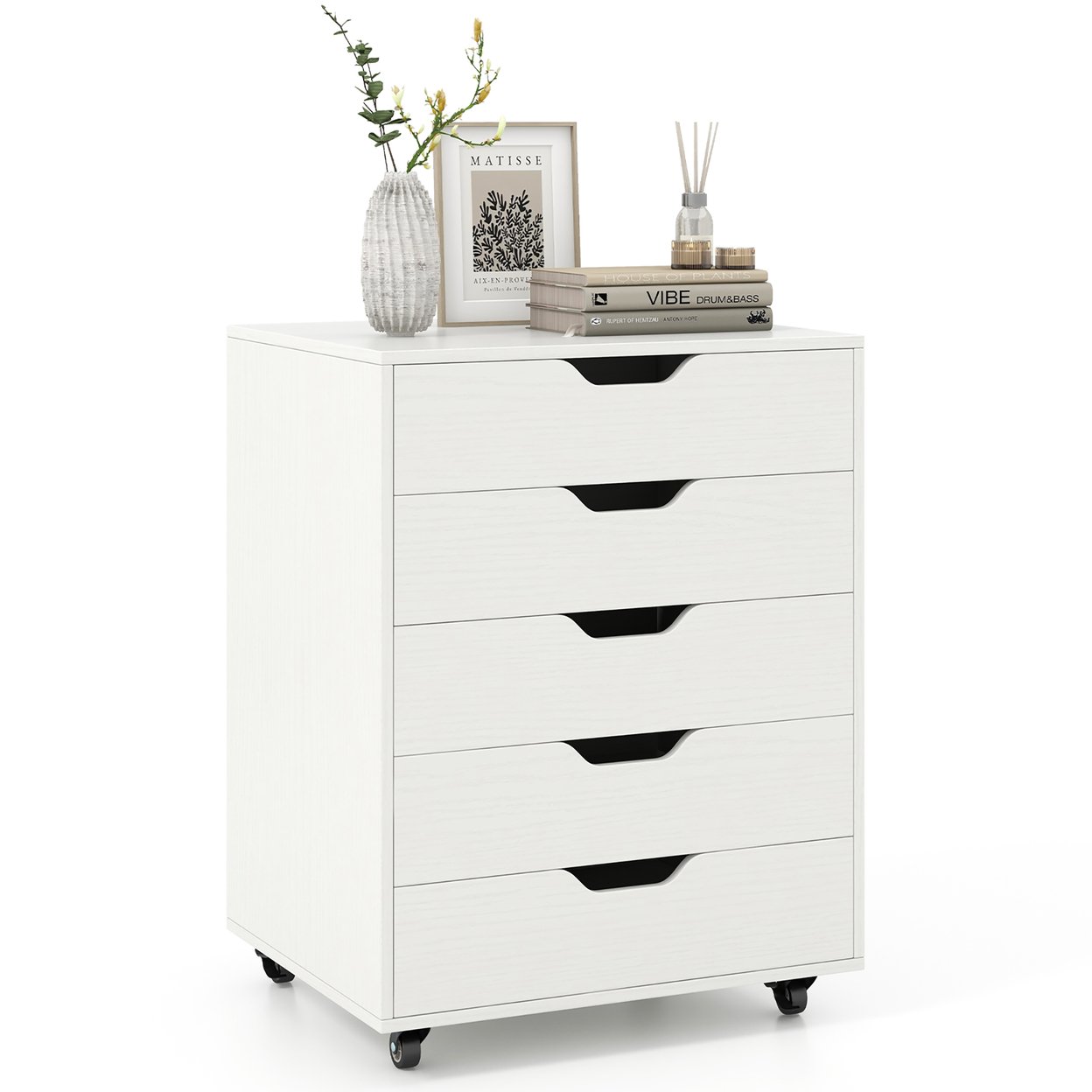 Lateral File Cabinet W/ Wheels 5-Drawer Dresser Modern Chest Of Drawers