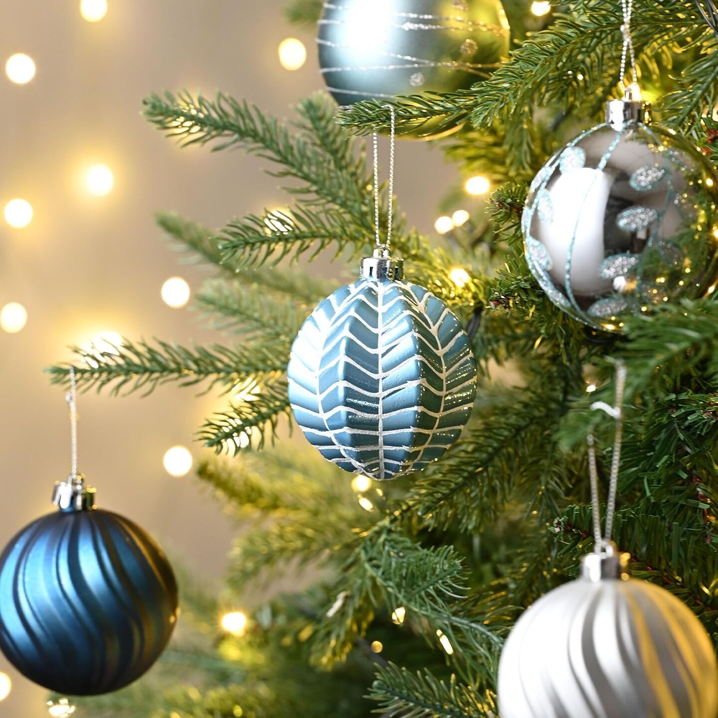 Christmas Ornaments Set, 16ct Navy Blue and Silver Shatterproof Fall Christmas Tree Decorations Ball Ornaments Bulk, 3.15 Inches Elegant Hanging Ornaments for Xmas Trees Decor