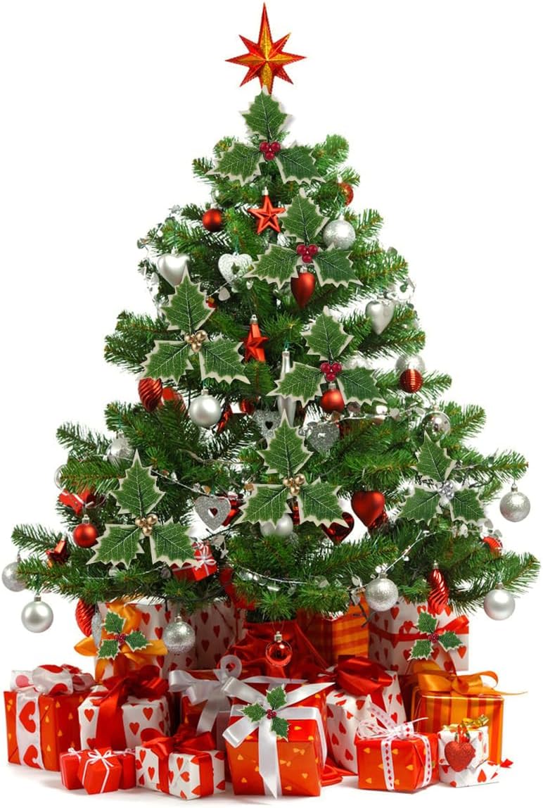 300PCS Artificial Holly Berries with 100PCS Green Leaves Gold Silver Red Holly Berry Stems with Leaves Artificial Holly Leaves and Berries for Christmas Wreath Arrangement Cake Toppers Craft
