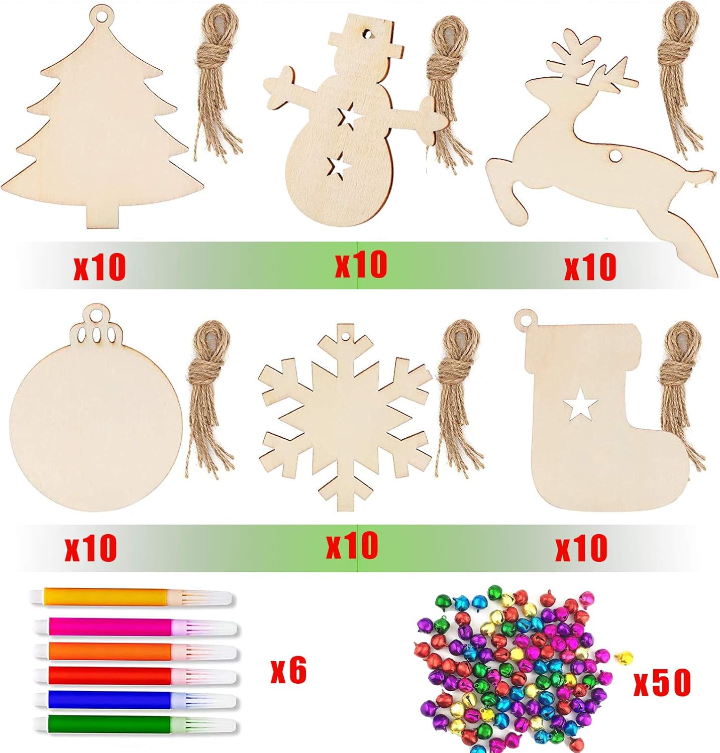 166pcs Wooden Christmas Ornaments Unfinished, Wooden Ornaments to Paint for Christmas Tree Decorations Holiday Hanging Decorations with Bells, Rope and Colorful Makers