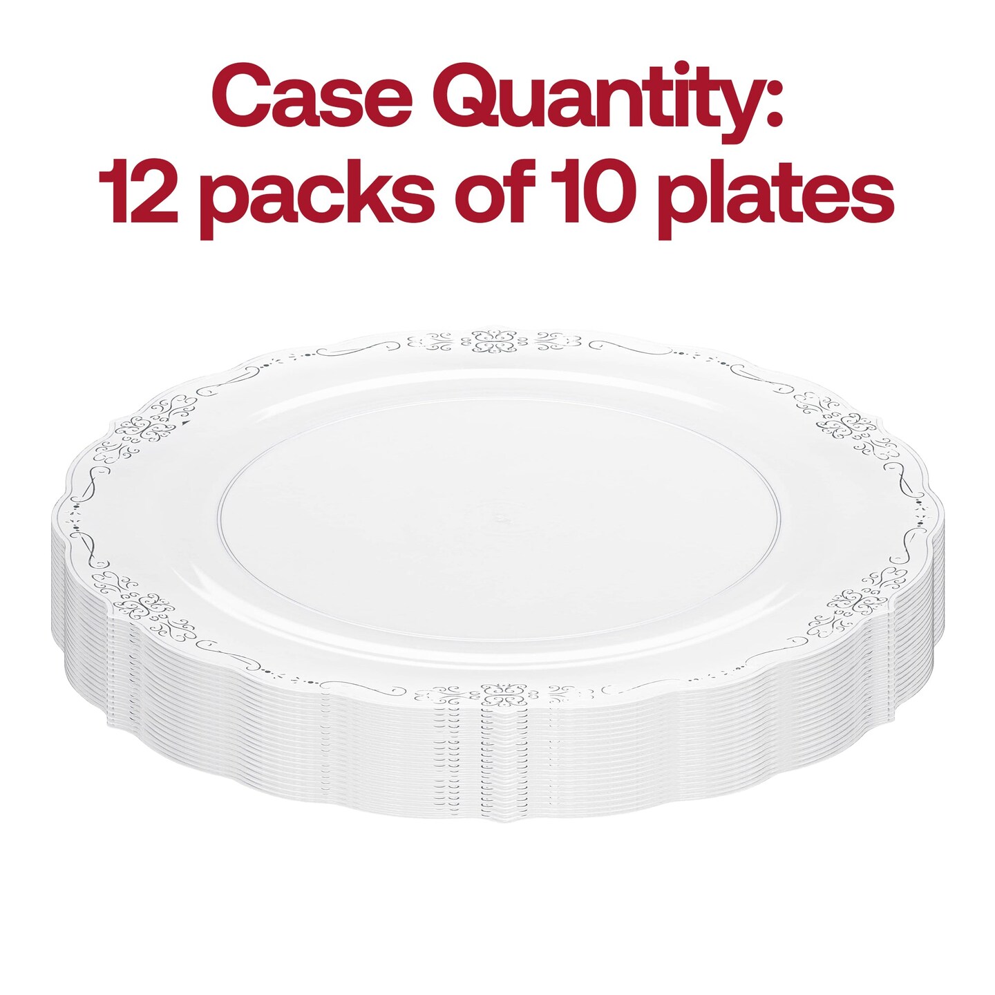 Clear with Silver Vintage Rim Round Disposable Plastic Dinner Plates - 10&#x22; (120 Plates)