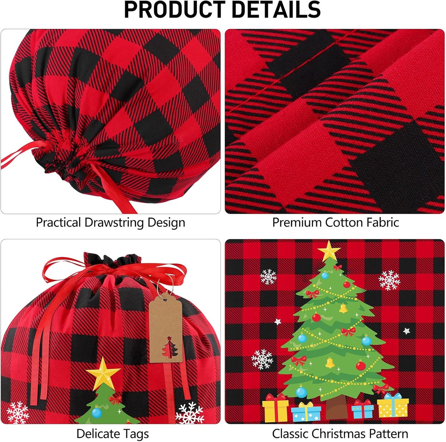 3 Pieces Christmas Drawstring Gift Bag Buffalo Plaid Fabric Bag with Drawstring Reusable Gift Wrapping Bags with 24 Kraft Paper Tags and Rope for Christmas Party Supplies, 17.7 x 23.6 Inches