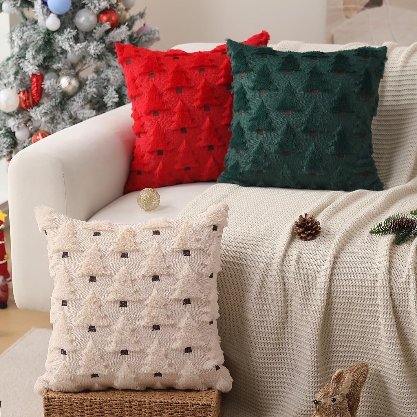 Christmas Pillow Covers 18x18 inch Set of 2 Beige Christmas Tree Throw Pillow Cases Decorations Soft Plush Faux Fur Wool Pillow Covers Winter Holiday Decor for Sofa Living Room