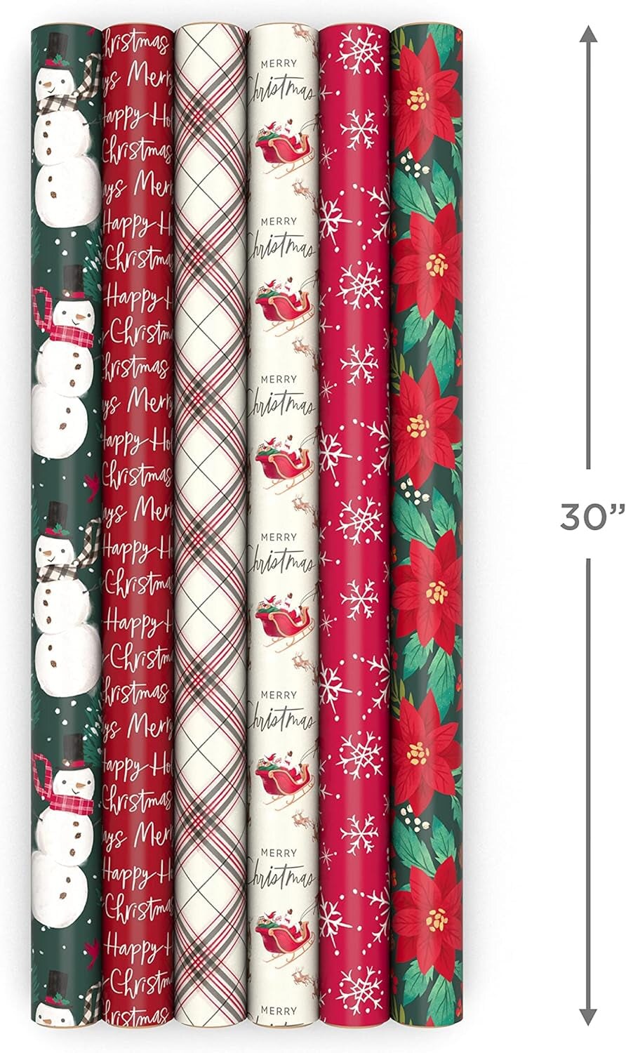 Rustic Recyclable Christmas Wrapping Paper (6 Rolls: 180 Sq. Ft. Total) Red, White and Hunter Green Plaid, Poinsettias, Snowflakes, &#x22;Merry Christmas,&#x22; Snowman, Santa