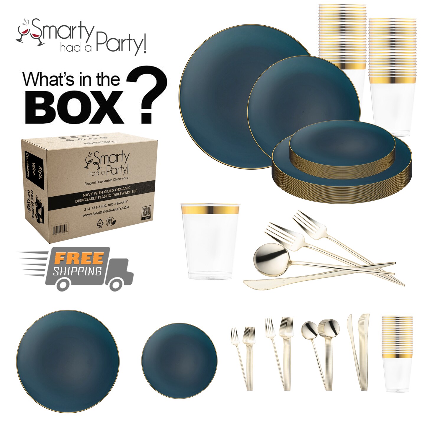 Navy with Gold Organic Disposable Plastic Tableware Set (120 Settings)