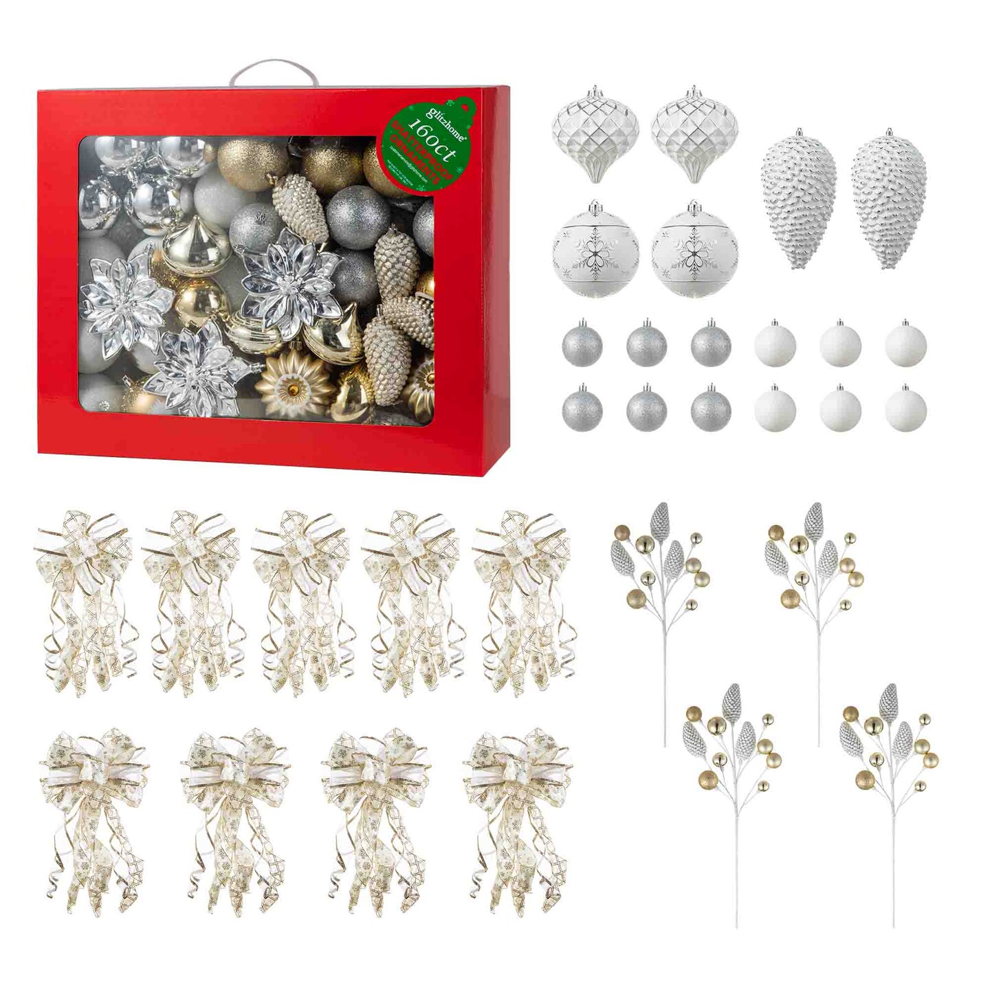 Set of 191 Gold Silver Ribbon Bows Pinecone Picks Shatterproof Ornaments Xmas New Year Tree Decor