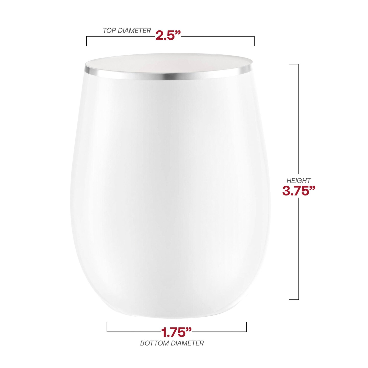 White with Silver Elegant Stemless Plastic Wine Glasses - 12 oz. (64 Glasses)