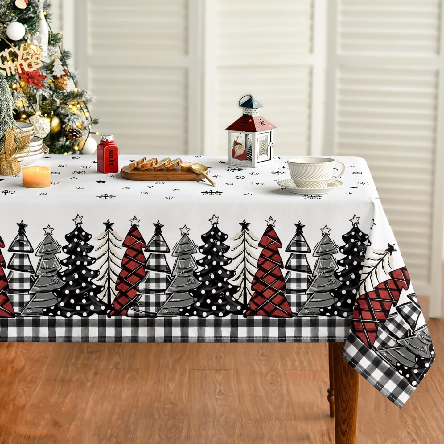 Christmas Tablecloth 60×84 Inch Rectangular, Christmas Trees Buffalo Plaid Black Washable Table Cover for Party Picnic Dinner Decor