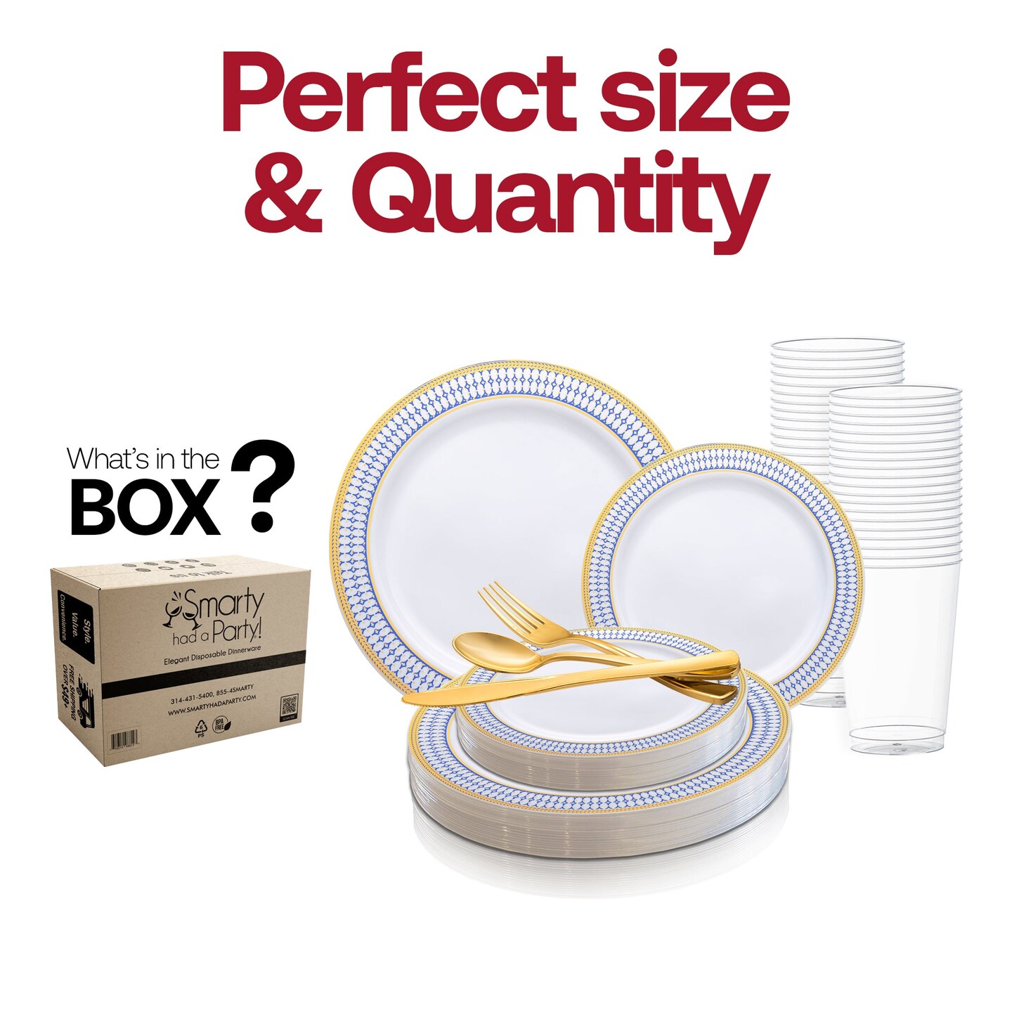 White with Blue and Gold Chord Rim Plastic Wedding Value Set (20 Settings)