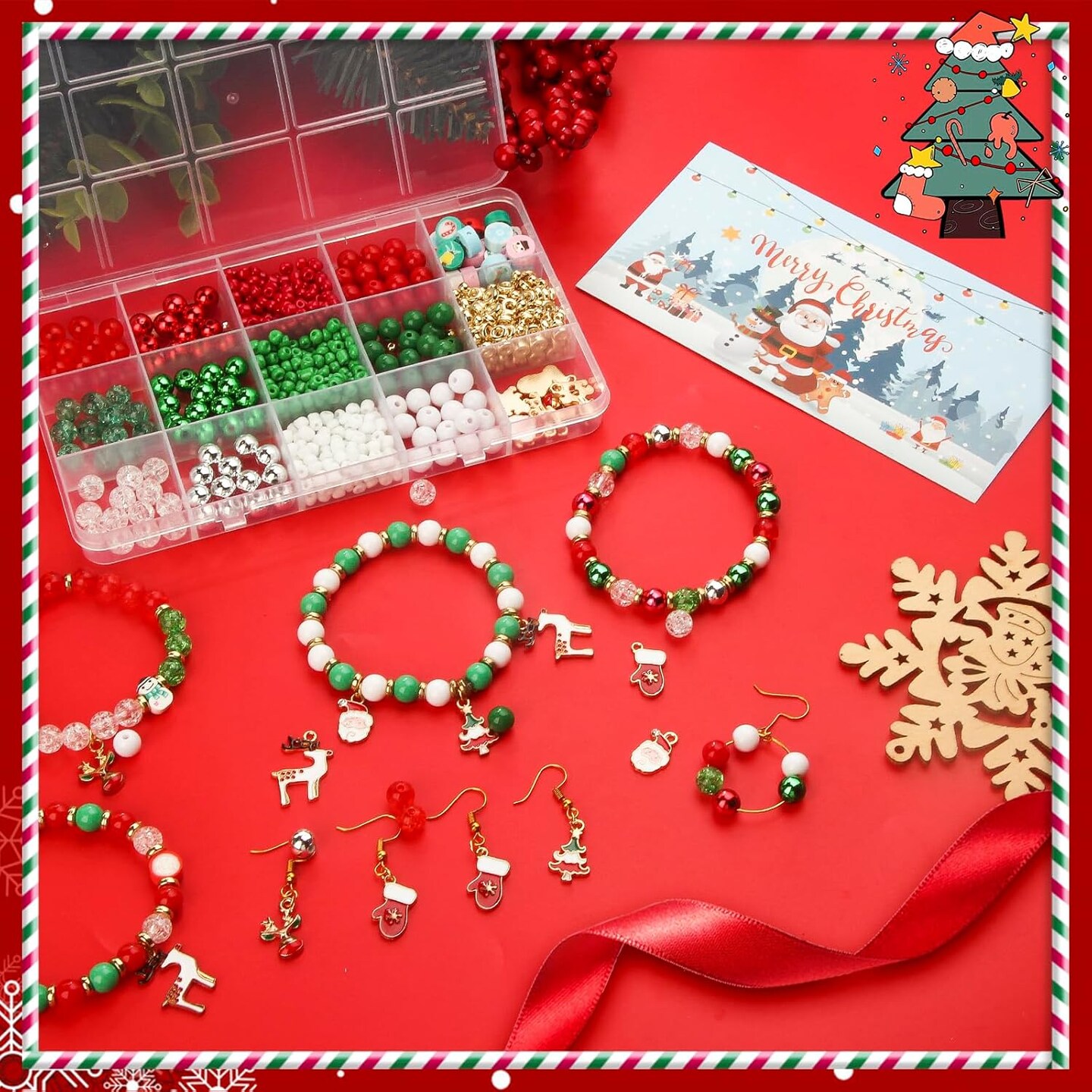 885PCS Christmas Beads,Christmas Bracelet Making Kit for Girls,Christmas Bracelet Beads Kit with Xmas Ornament for Jewelry Making DIY,Christmas Crystal Beads for Bracelets Gift Garland Decor Crafts