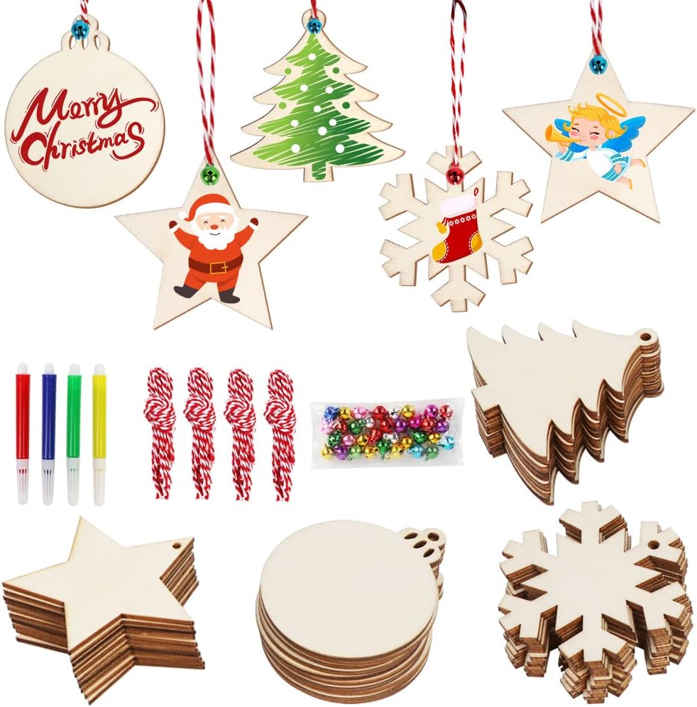 40pcs Wooden Christmas Ornaments Crafts for Kids, DIY Christmas Crafts Ornament Making Kit Unfinished Wood Slices with Holes, Hanging Christmas Centerpieces Decorations, 4 Styles