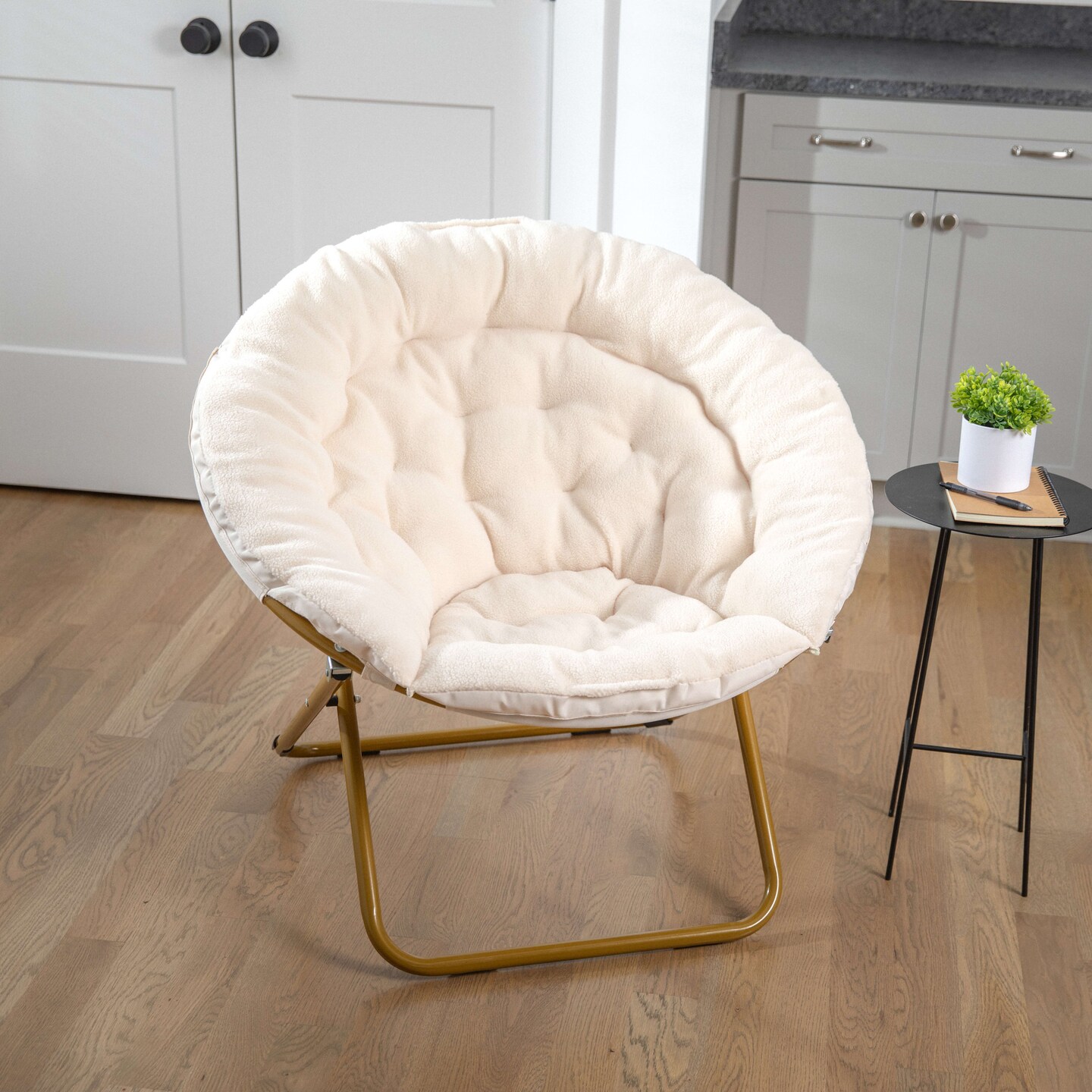 Emma and Oliver Ersa Oversize Folding Saucer Chair with Cozy Faux Fur Cushion and Metal Frame for Dorms, Bedrooms, Apartments and More