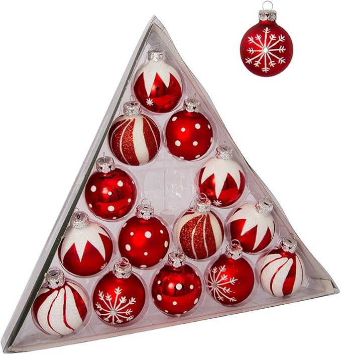 Red/White Decorated Glass Ball Ornament Set of 15, 15 Count for Christmas