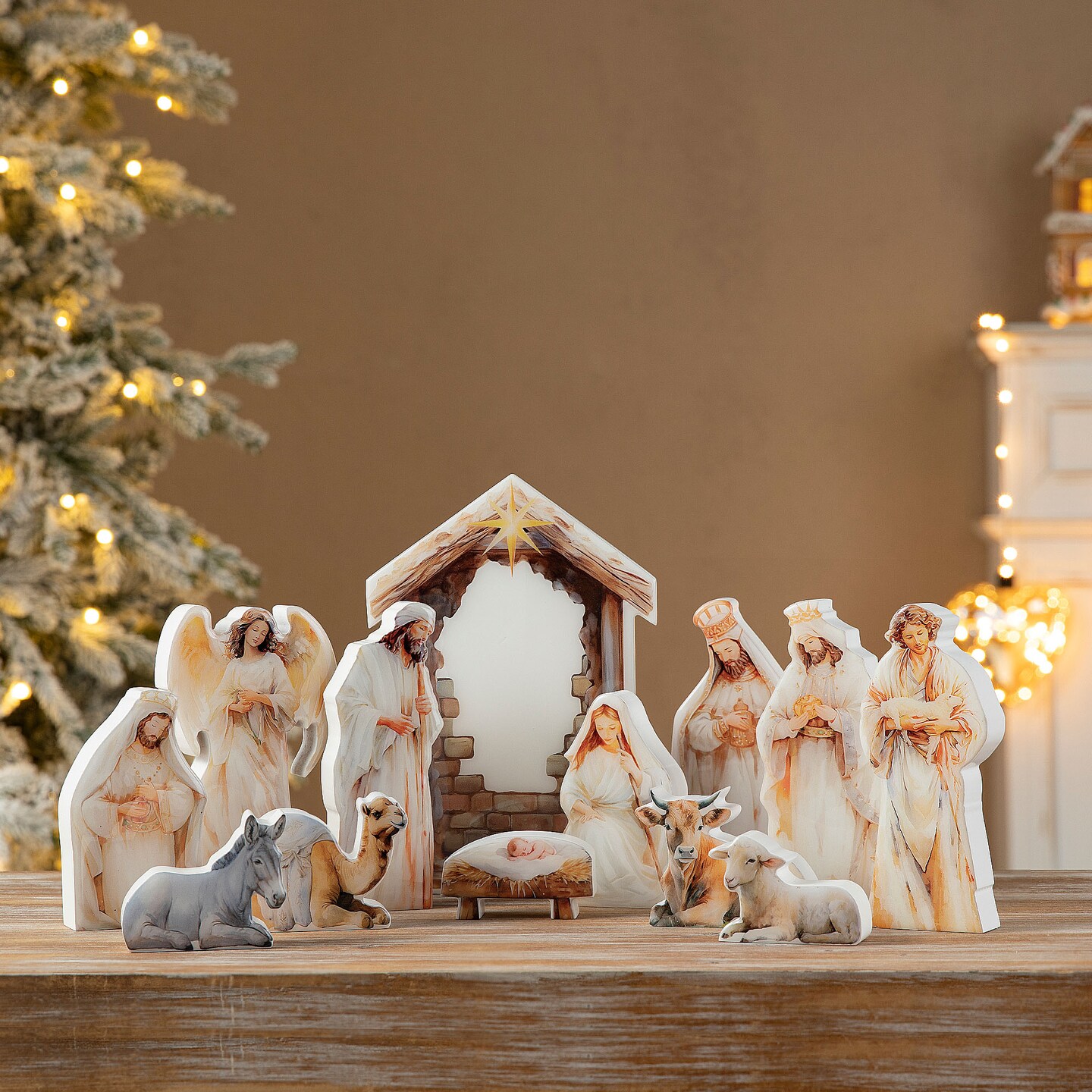 Set of 2 13pcs Christmas Wooden &#x26; Epoxy Resin Nativity Figurine Set