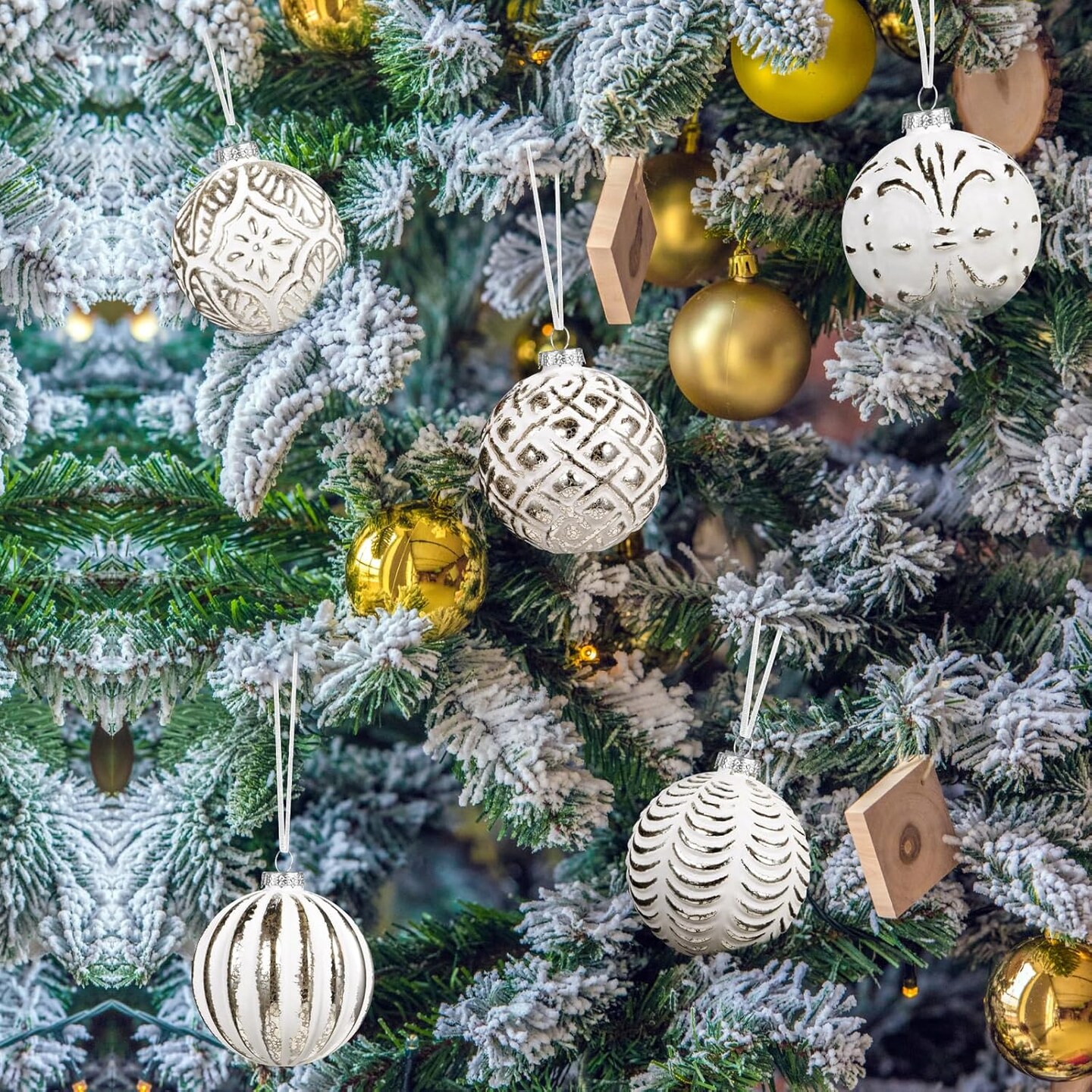 12PCS(3.15 Inch/80mm) Large Farmhouse Christmas Ball Ornaments,Mercury Glass Christmas Ornaments Hanging Balls,Distressed Metal Glass Ball for Christmas Trees,Vintage Style Christmas Ball (White)