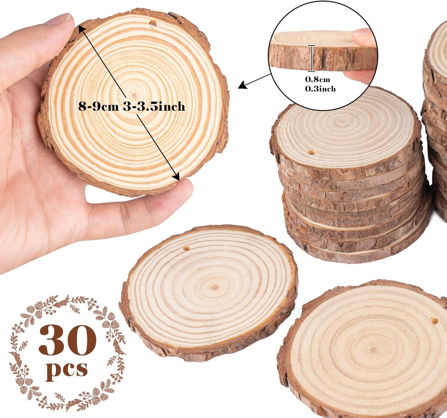 Wood Slices, 30PCS 3.1&#x27;&#x27;-3.5&#x27;&#x27;Natural Wooden Christmas Ornaments Kit Unfinished Wooden Circles with Pre-Drilled Hole, Acrylic Paint, Diamonds, DIY Craft for Kids Adults Holiday Decor