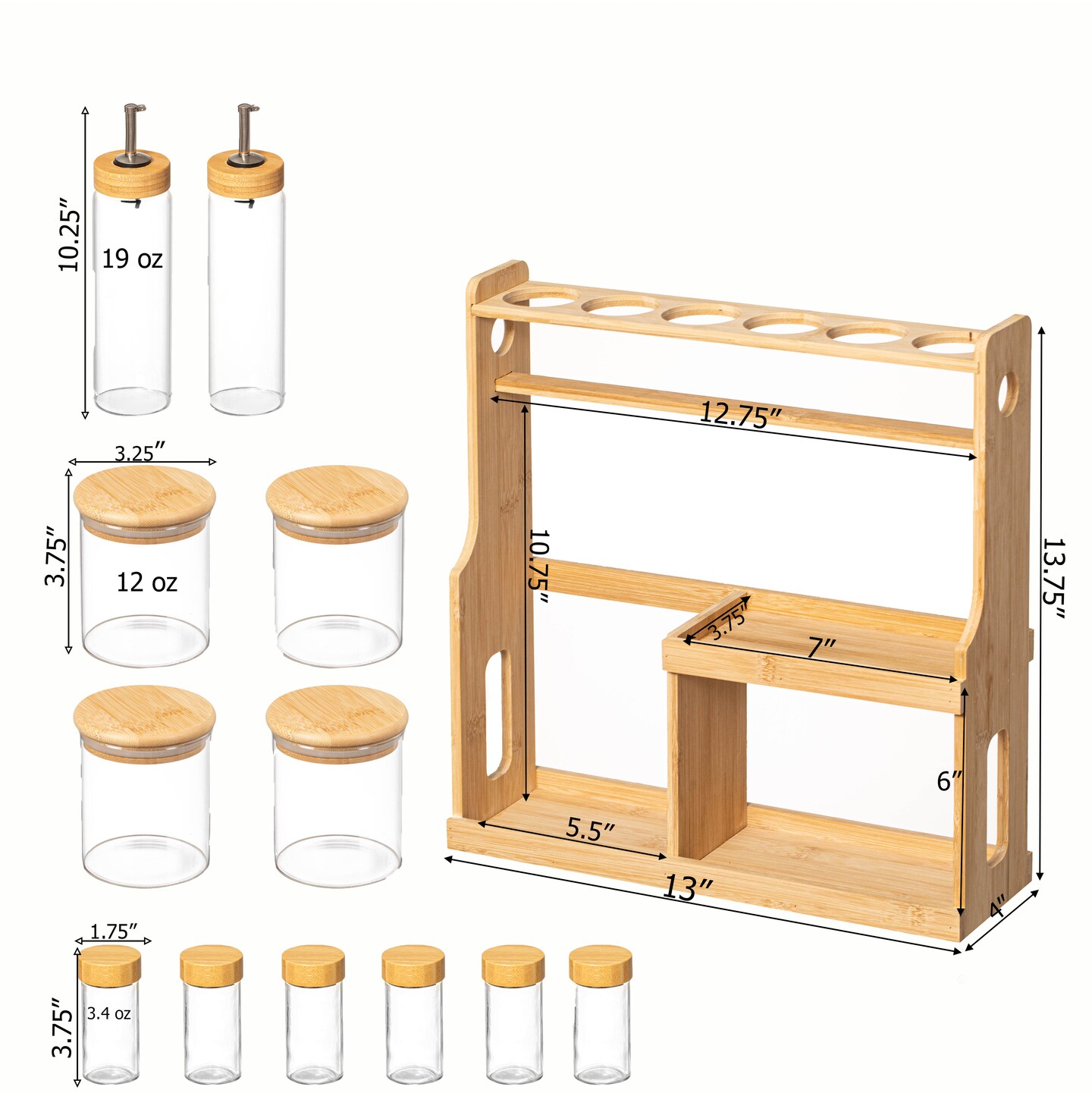 Basicwise 3-Tier Bamboo Spice Rack with 6 Spice Shaker Bottles, 4 Airtight Jars and 2 Soy Sauce or Olive Oil Dispenser Bottle Perfect for Kitchen Organization, Dining Room Display, and Pantry Storage
