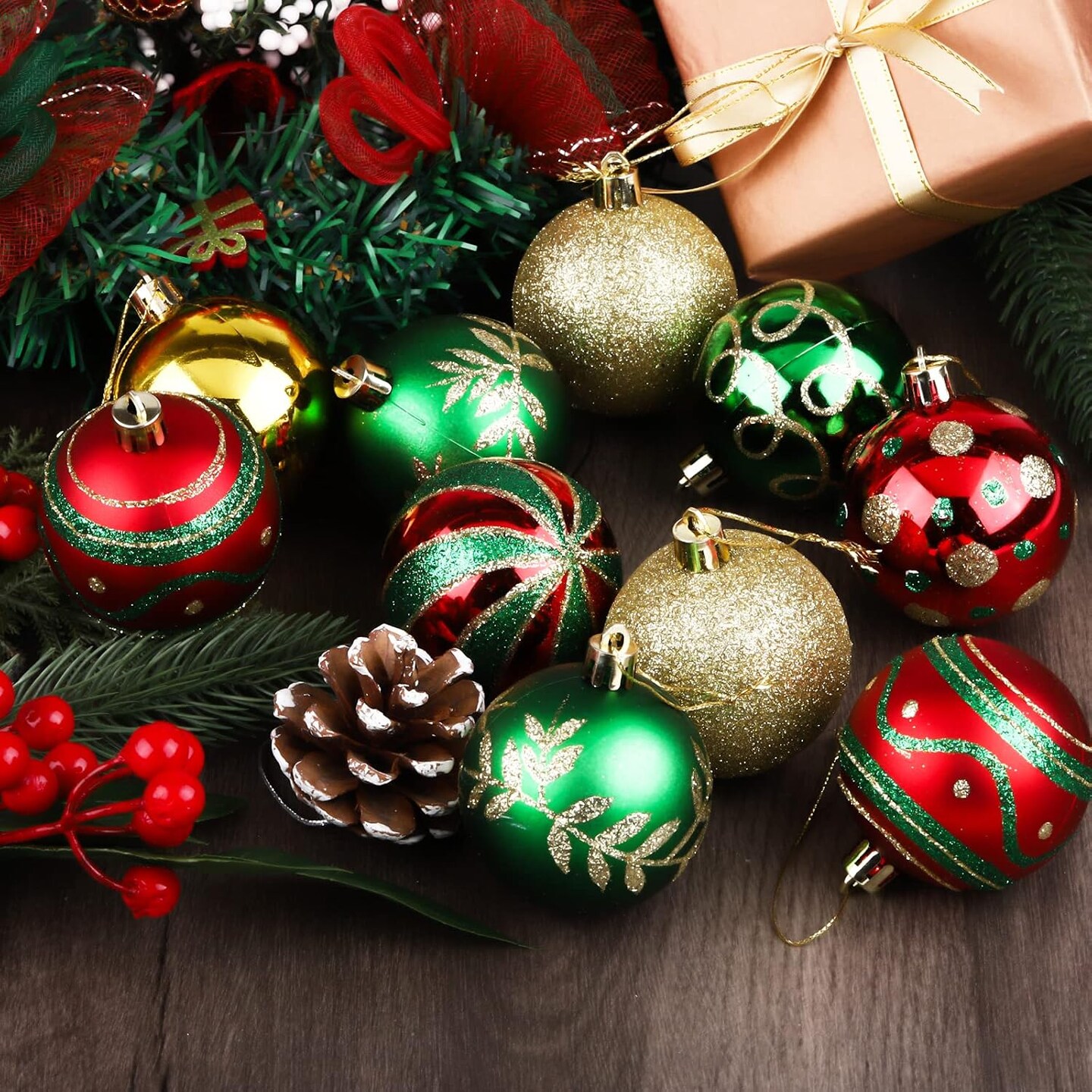 24 Pieces Christmas Ball Ornaments Painting &#x26; Glittering Christmas Tree Pendants Shatterproof Decorative Baubles in 8 Patterns for Christmas Tree Decorations, Red, Green, Gold
