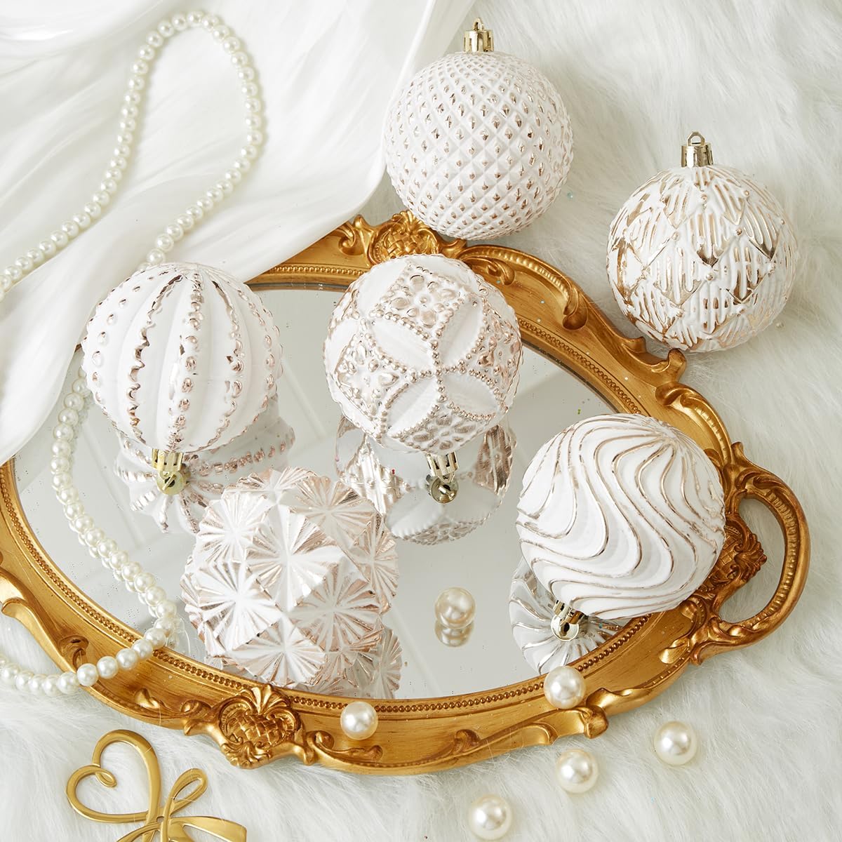 Champagne Farmhouse Christmas Ball Ornaments&#xFF0C;6 PCS Vintage Rustic Distressed Xmas Hanging Ornaments Shatterproof Antique Traditional Style Christmas Tree Decorations