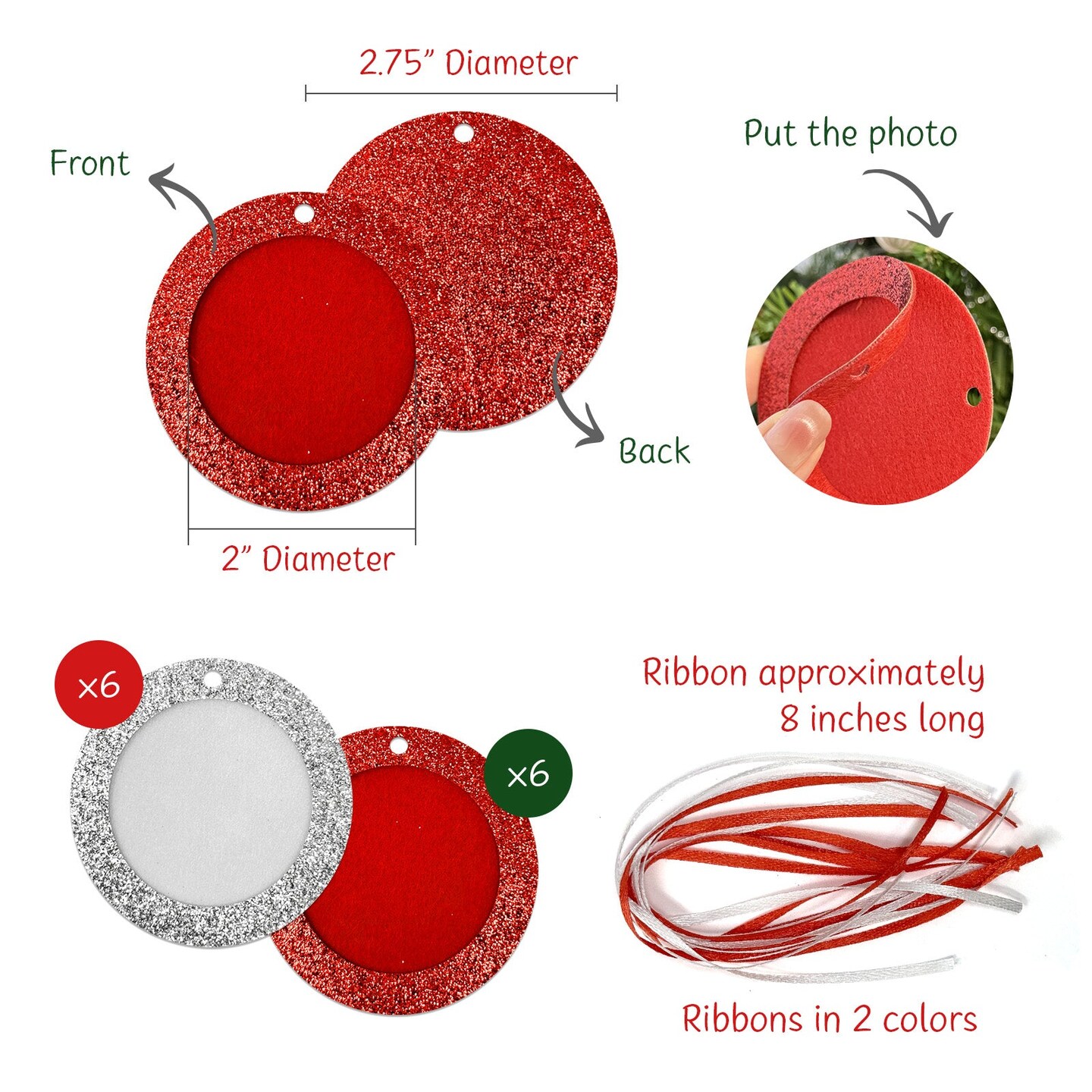 Wrapables Christmas Holiday Glittery Felt Photo Frame Ornaments (Set of 12), Red and Silver Circle