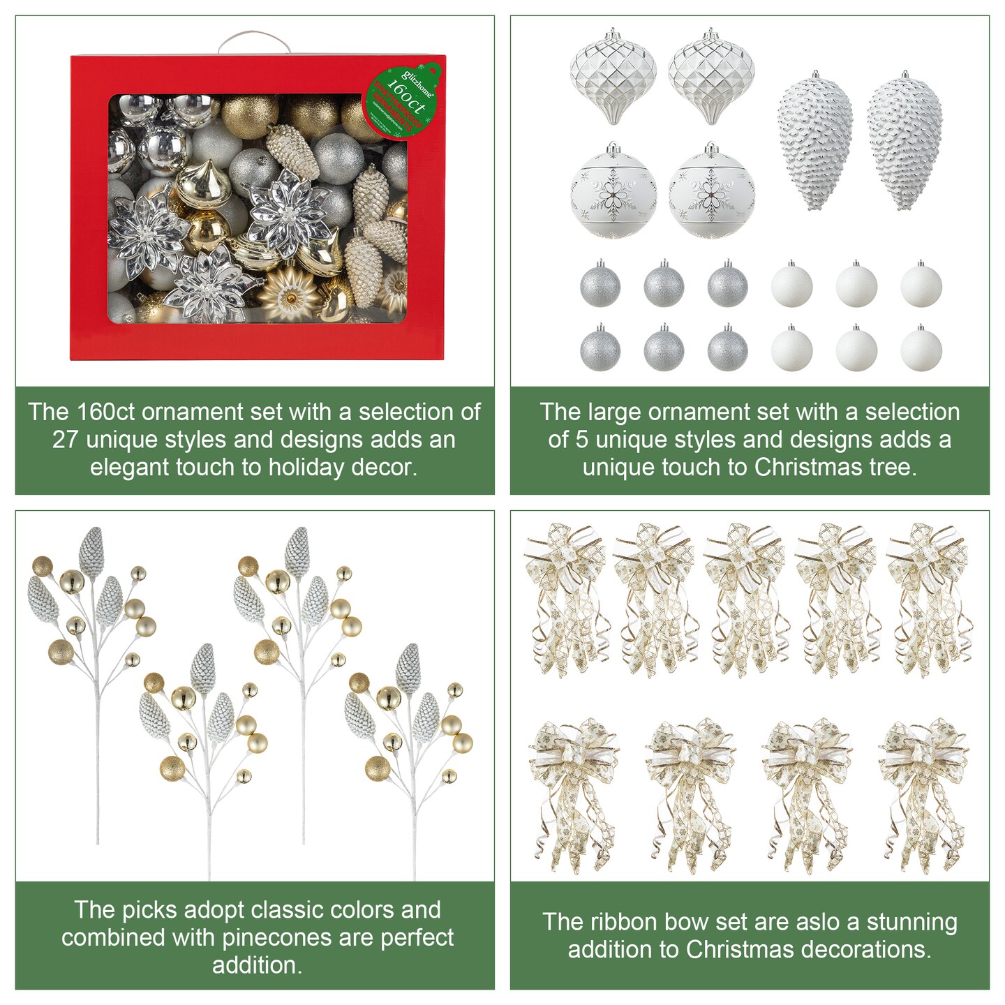 Set of 191 Gold Silver Ribbon Bows Pinecone Picks Shatterproof Ornaments Xmas New Year Tree Decor