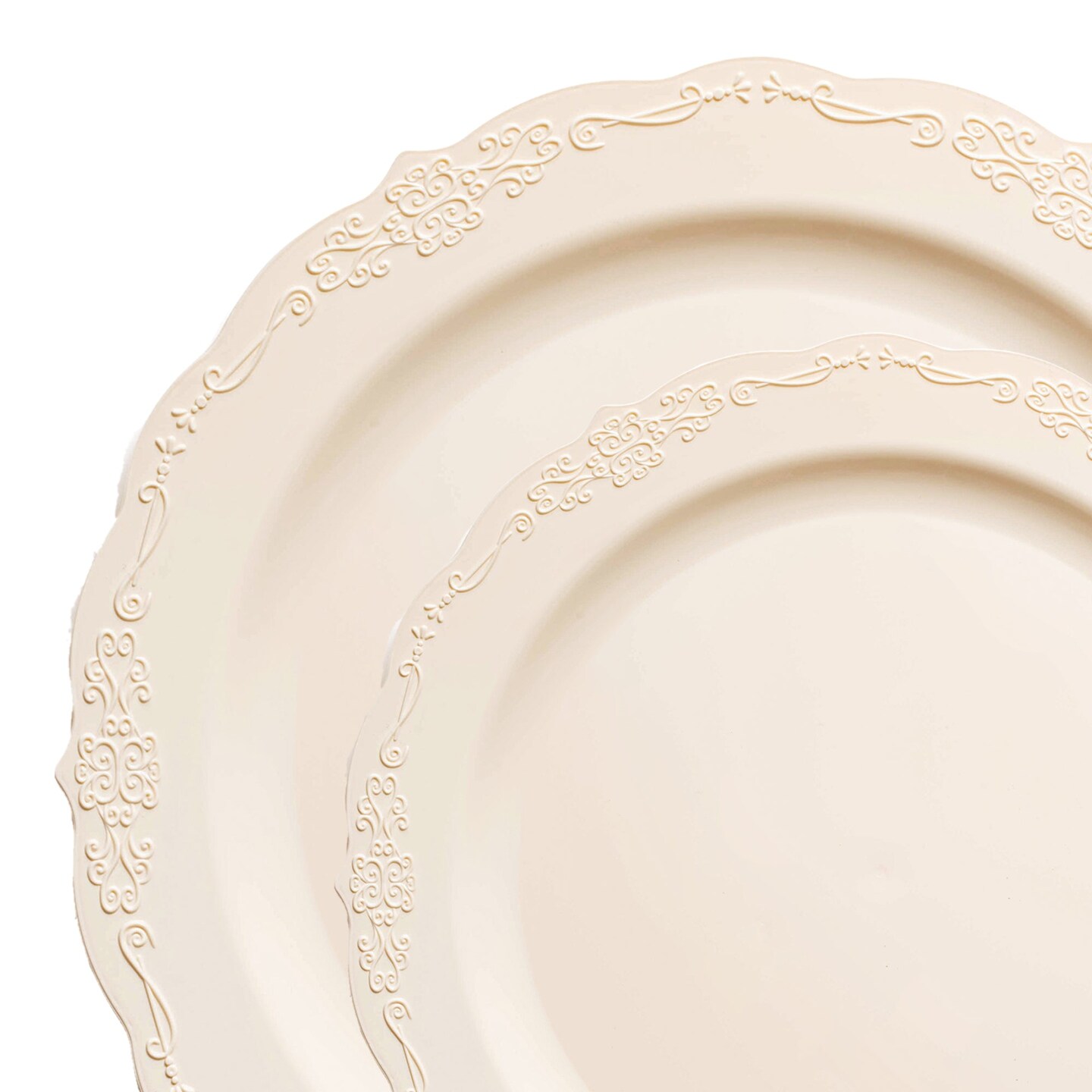 Ivory Vintage Round Disposable Plastic Dinnerware Value Set (120 Guests)