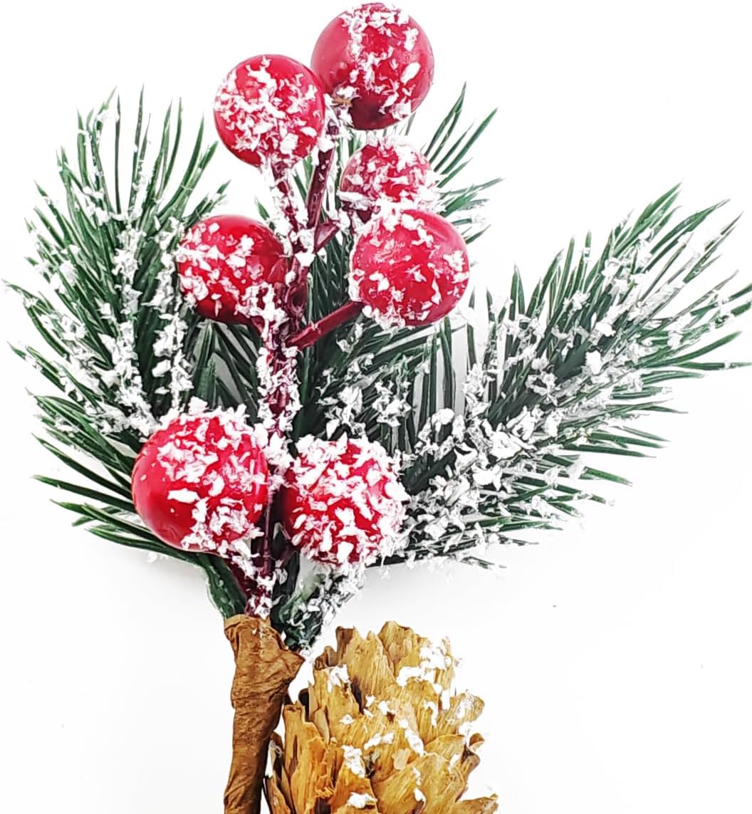 20PCS 8inch Artificial Christmas Floral Picks, Red Fake Berry Picks Stems, Pine Branches with Pinecones Holly Leaves for Vase Floral Arrangement Wreath Winter Holiday Season Decor Crafts