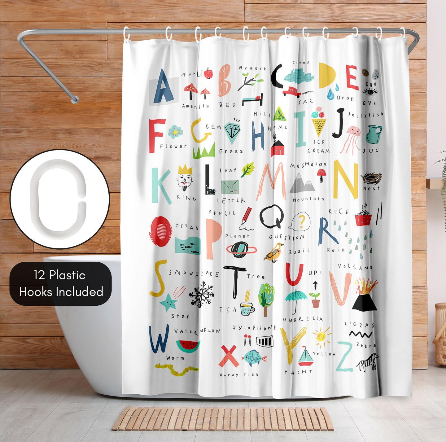 Americanflat 71x74 Hand Drawn Alphabet Shower Curtain - 100% Polyester Shower Curtain