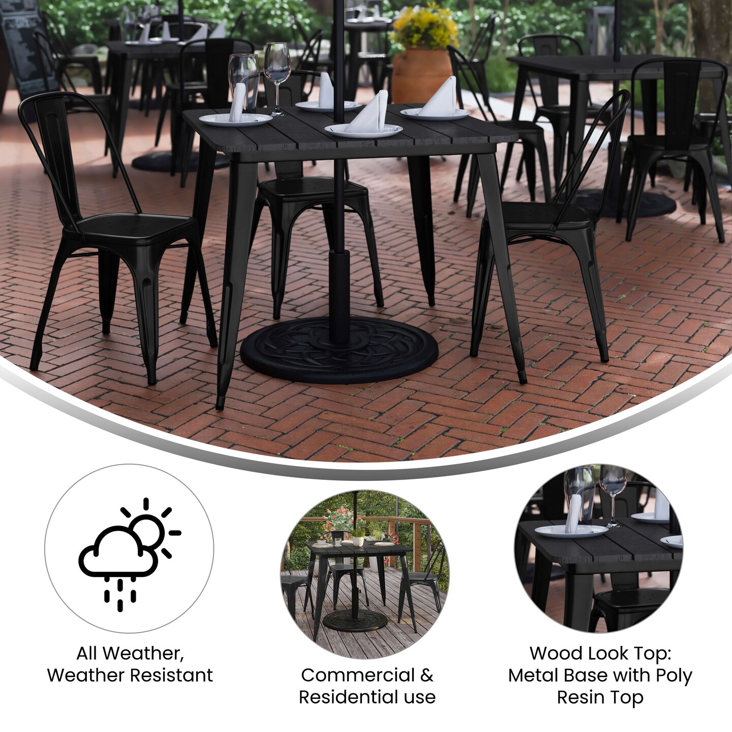 Merrick Lane Dryden Indoor/Outdoor Dining Table with Umbrella Hole, 36&#x22; Square All Weather Poly Resin Top and Steel Base