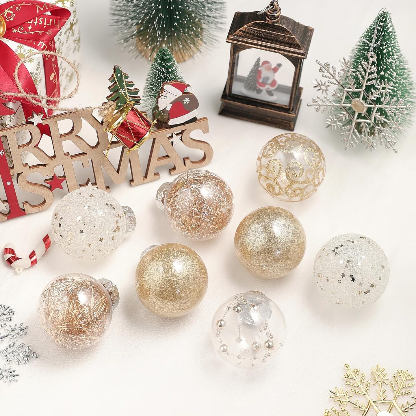 Clear Christmas Ball Ornaments Set, 30pcs 2.36&#x22; Shatterproof Large Clear Plastic Hanging Christmas Tree Ornaments Sets Ball Decorative with Stuffed Delicate Decorations- Champagne