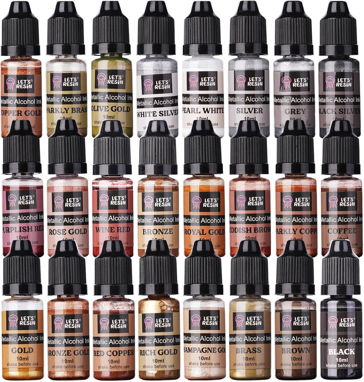 LET'S RESIN Metallic Alcohol Ink Set-24 Colors Metal Color Alcohol Based Resin Ink, High Concentrated & Shimmer Mixatives, Alcohol Paint for Epoxy Resin, Resin Petri, Tumblers, Coasters(Each 0.35oz)