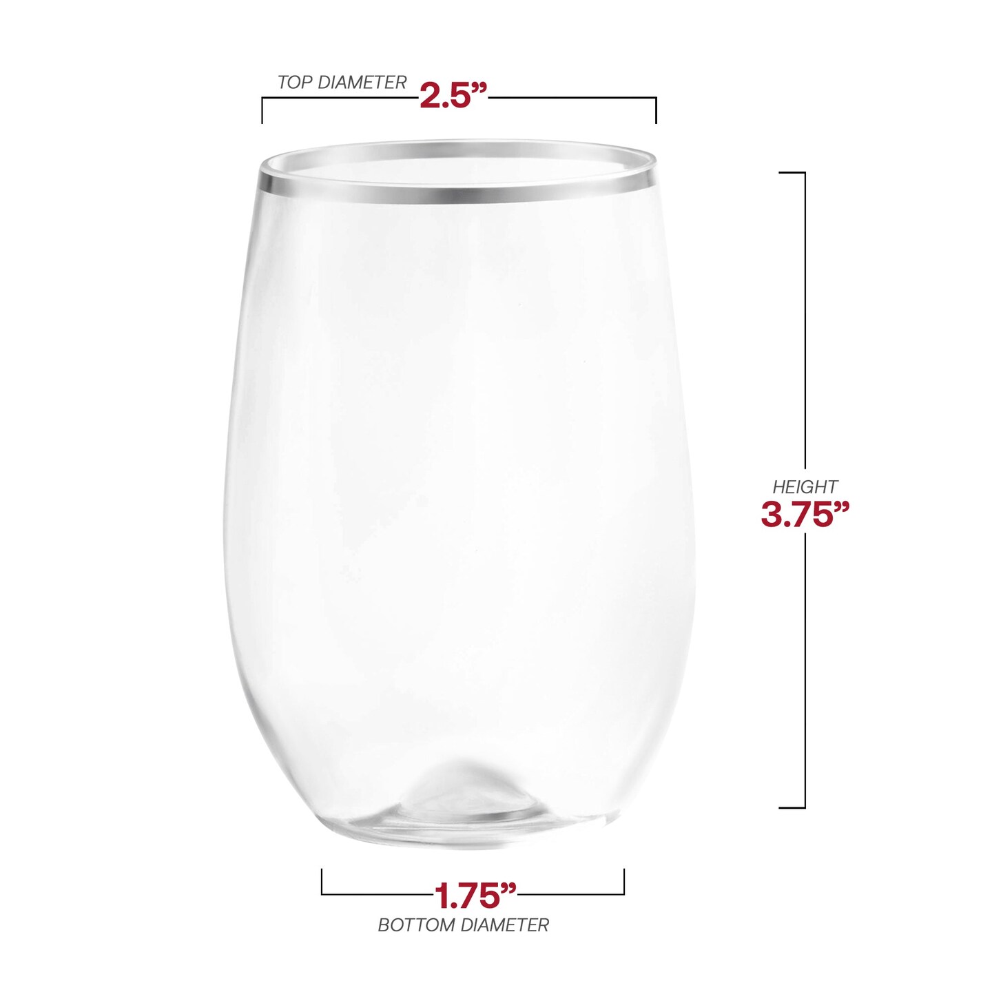Clear with Silver Elegant Stemless Plastic Wine Glasses - 12 oz. (64 Glasses)
