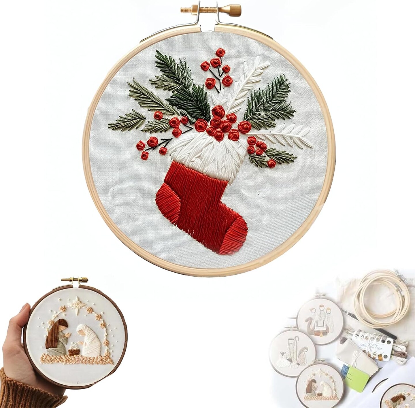 Christmas Embroidery KIT,Adults Kids DIY Handmade,Hand Embroidery Starter Kits with Stamped Embroidery Pattern,for Christmas Embroidery Kits for Adults Beginners Starter (E)