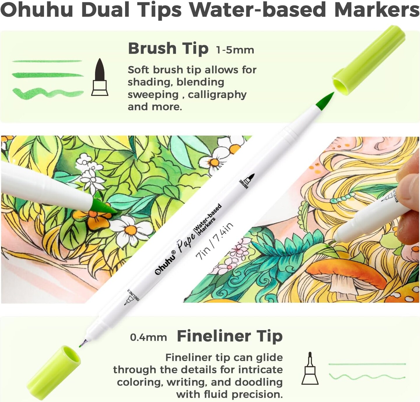 Ohuhu Markers Paper-friendly No Peeling Water-based Coloring Markers 60 Colors Dual Brush Fineliner Tips Markers for Adult Coloring Books No Bleeding Art Markers for Kids Beginner Calligraphy - Pupe