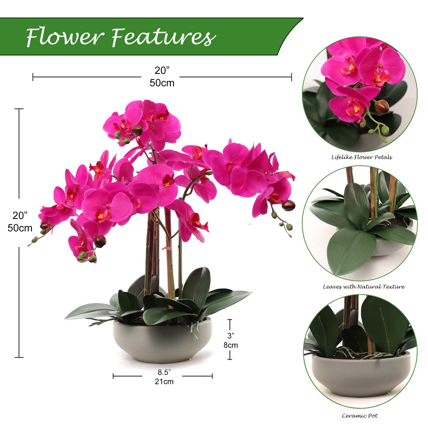 20" Fuchsia Phalaenopsis Orchid in Round Grey Pot – Beautiful Artificial Flowers with Natural Leaf Details, Elegant Decor for Homes, Offices, and Special Occasions