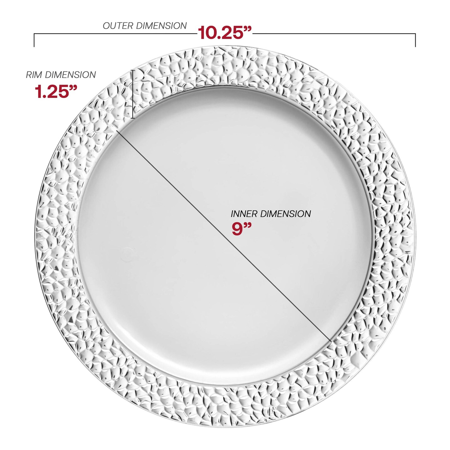 White with Silver Hammered Rim Round Plastic Dinner Plates - 10.25&#x22; (120 Plates)