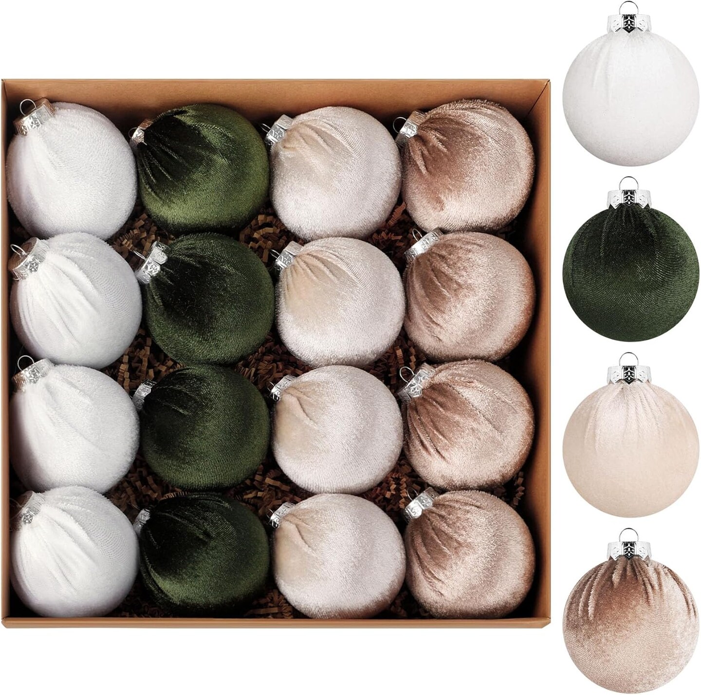 16pcs Velvet Balls Christmas Tree Ornaments Green & Brown Xmas Tree Decorations Indoor Holiday Decor